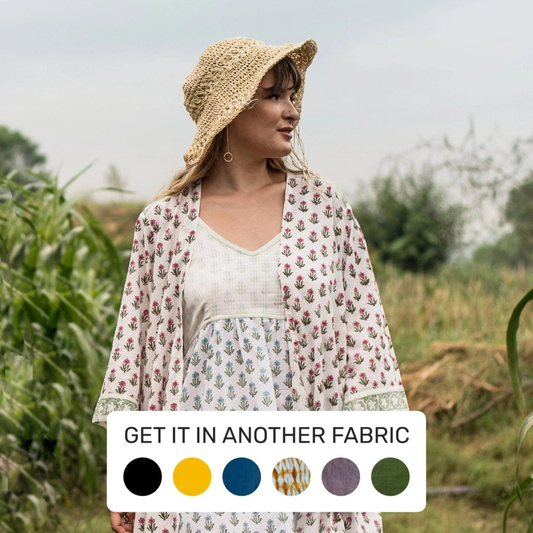 Front View of a Model wearing White Block Printed Straight Shrug