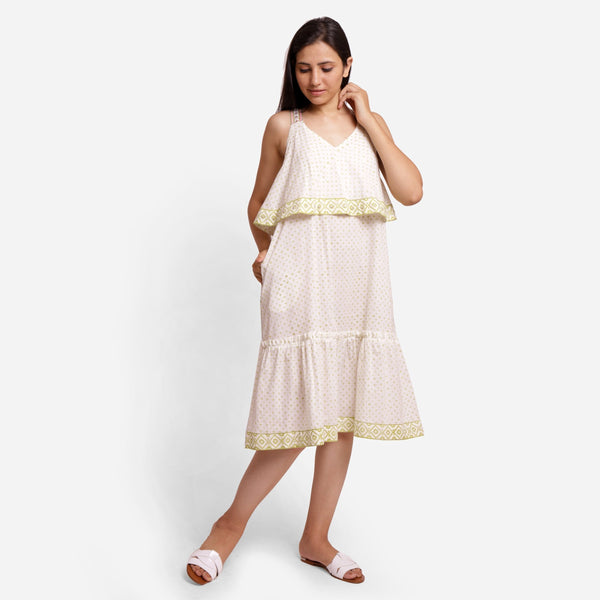 Front View of a Model wearing White Block Printed Cotton Midi Slip Dress