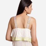 Back Detail of a Model wearing White Block Printed Cotton Midi Slip Dress