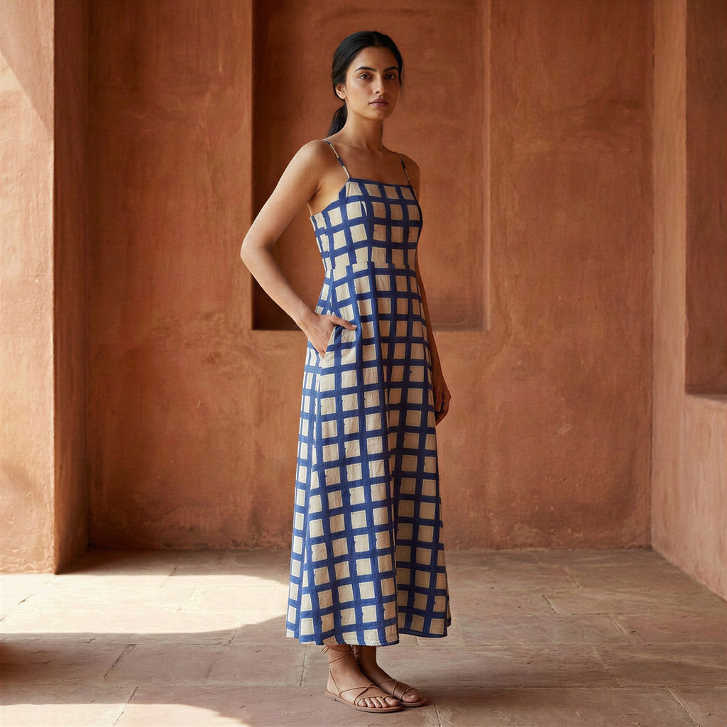 White-Blue Checks Block Print Cotton Ankle Length Flared Sundress