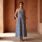 White-Blue Checks Block Print Cotton Ankle Length Flared Sundress