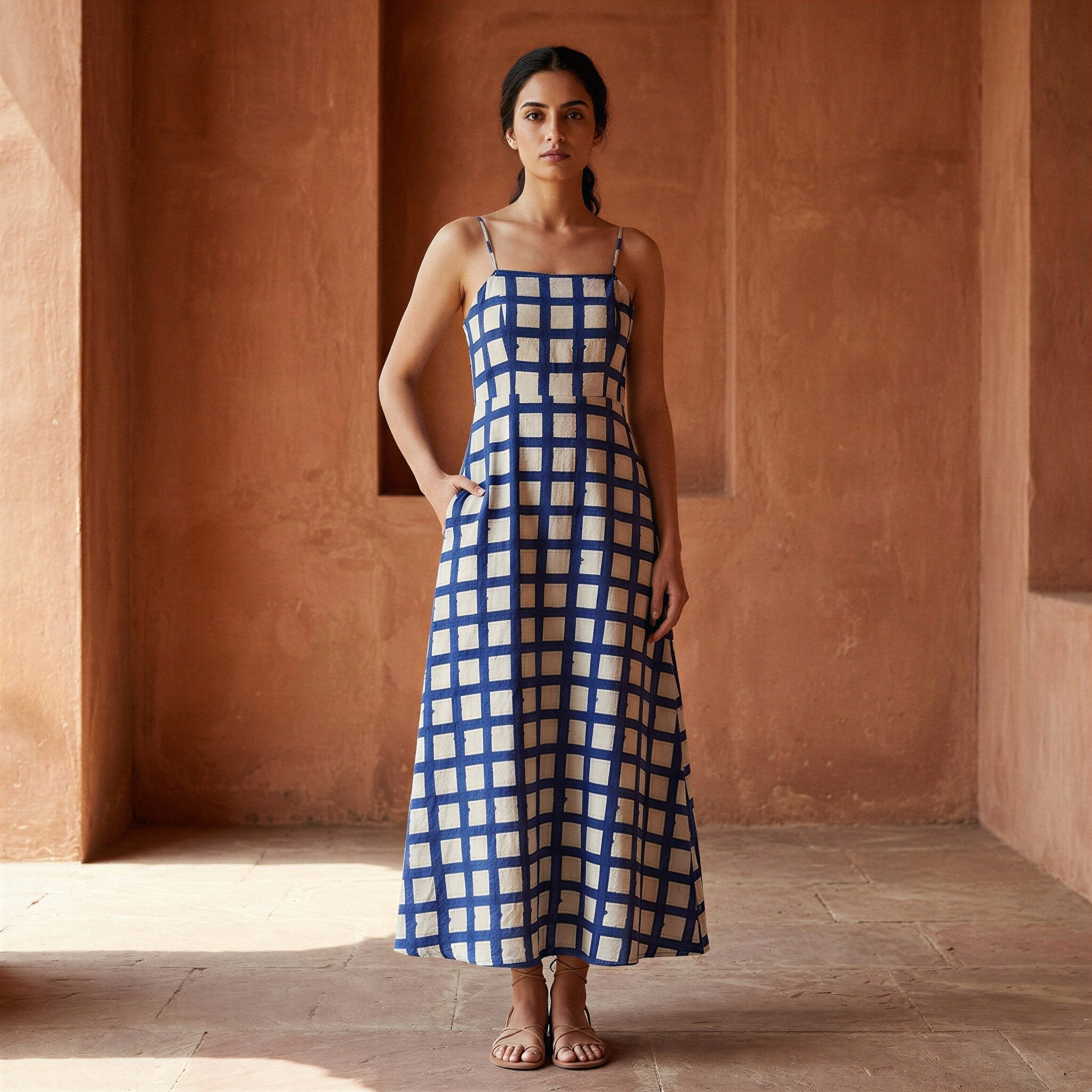 White-Blue Checks Block Print Cotton Ankle Length Flared Sundress