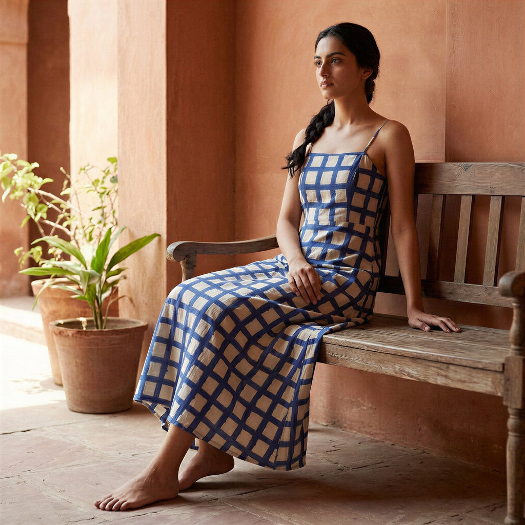 White-Blue Checks Block Print Cotton Ankle Length Flared Sundress