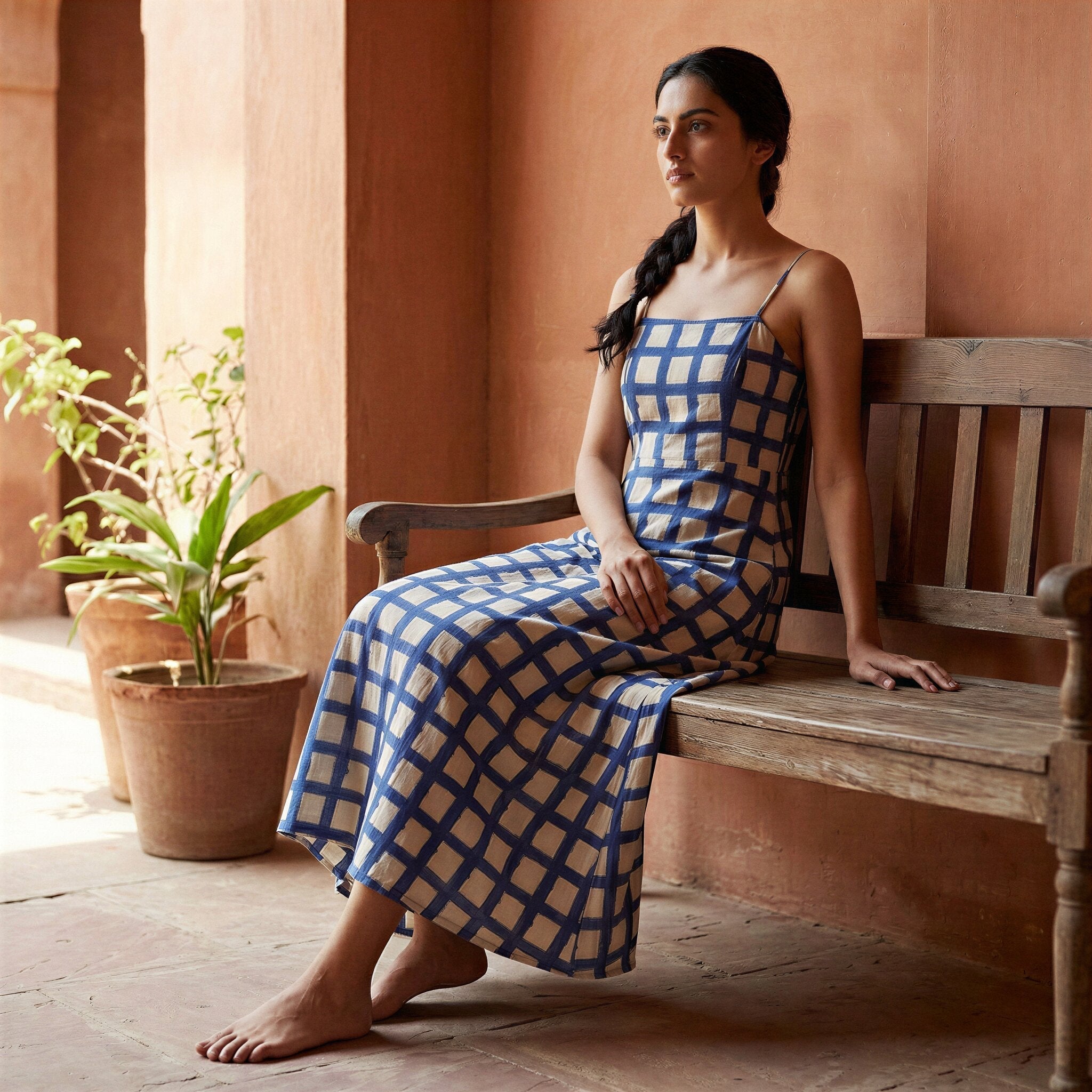 White-Blue Checks Block Print Cotton Ankle Length Flared Sundress