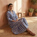 White-Blue Checks Block Print Cotton Deep-V Maxi Tier Dress