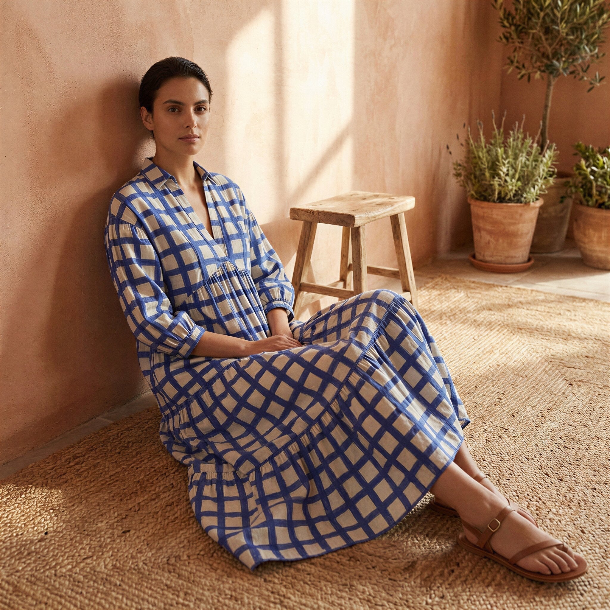 White-Blue Checks Block Print Cotton Deep-V Maxi Tier Dress