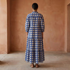 White-Blue Checks Block Print Cotton Deep-V Maxi Tier Dress