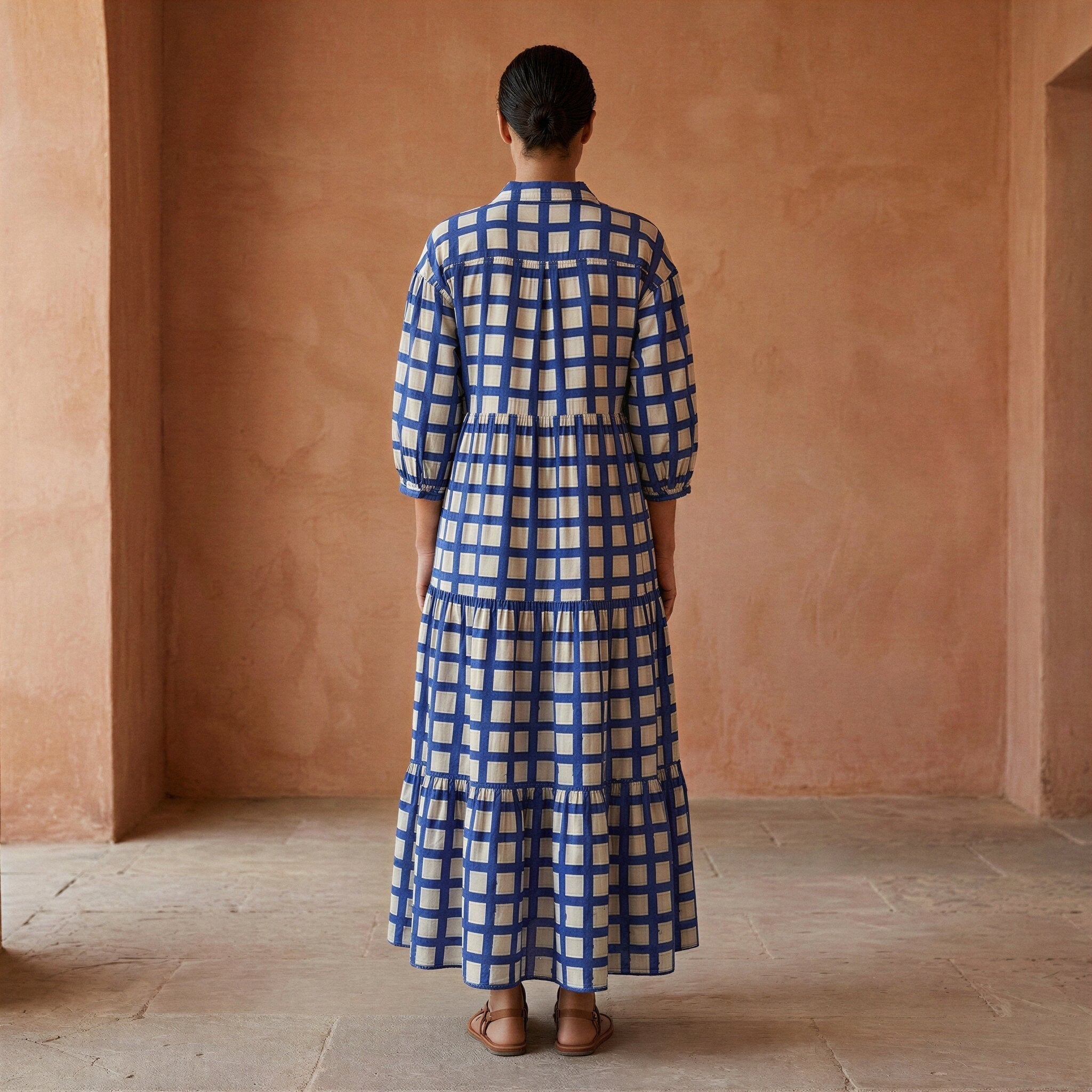White-Blue Checks Block Print Cotton Deep-V Maxi Tier Dress