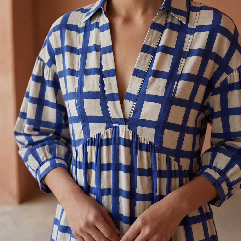 White-Blue Checks Block Print Cotton Deep-V Maxi Tier Dress