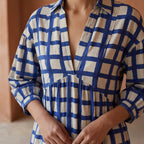 White-Blue Checks Block Print Cotton Deep-V Maxi Tier Dress