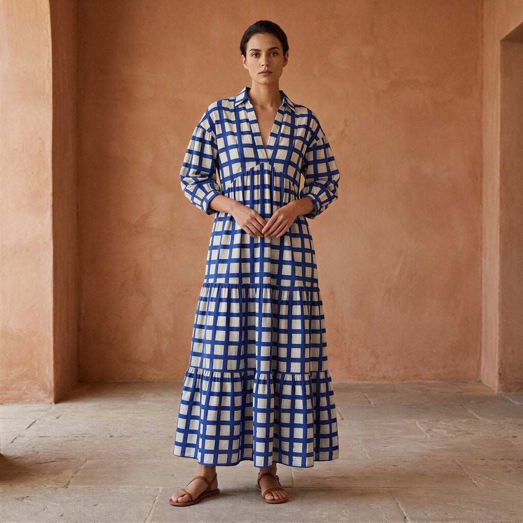 White-Blue Checks Block Print Cotton Deep-V Maxi Tier Dress