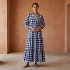 White-Blue Checks Block Print Cotton Deep-V Maxi Tier Dress