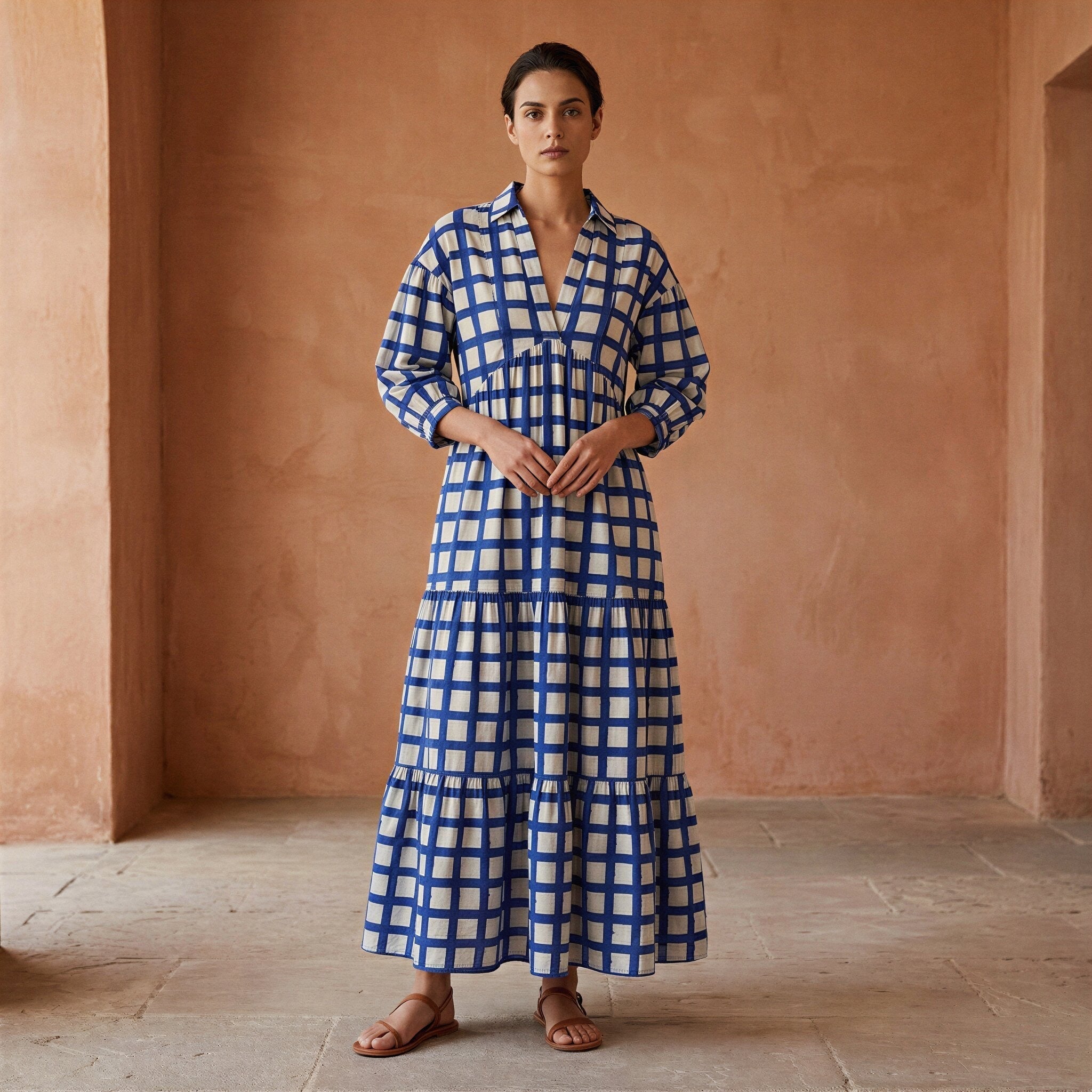 White-Blue Checks Block Print Cotton Deep-V Maxi Tier Dress