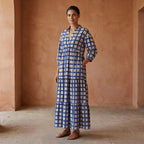 White-Blue Checks Block Print Cotton Deep-V Maxi Tier Dress