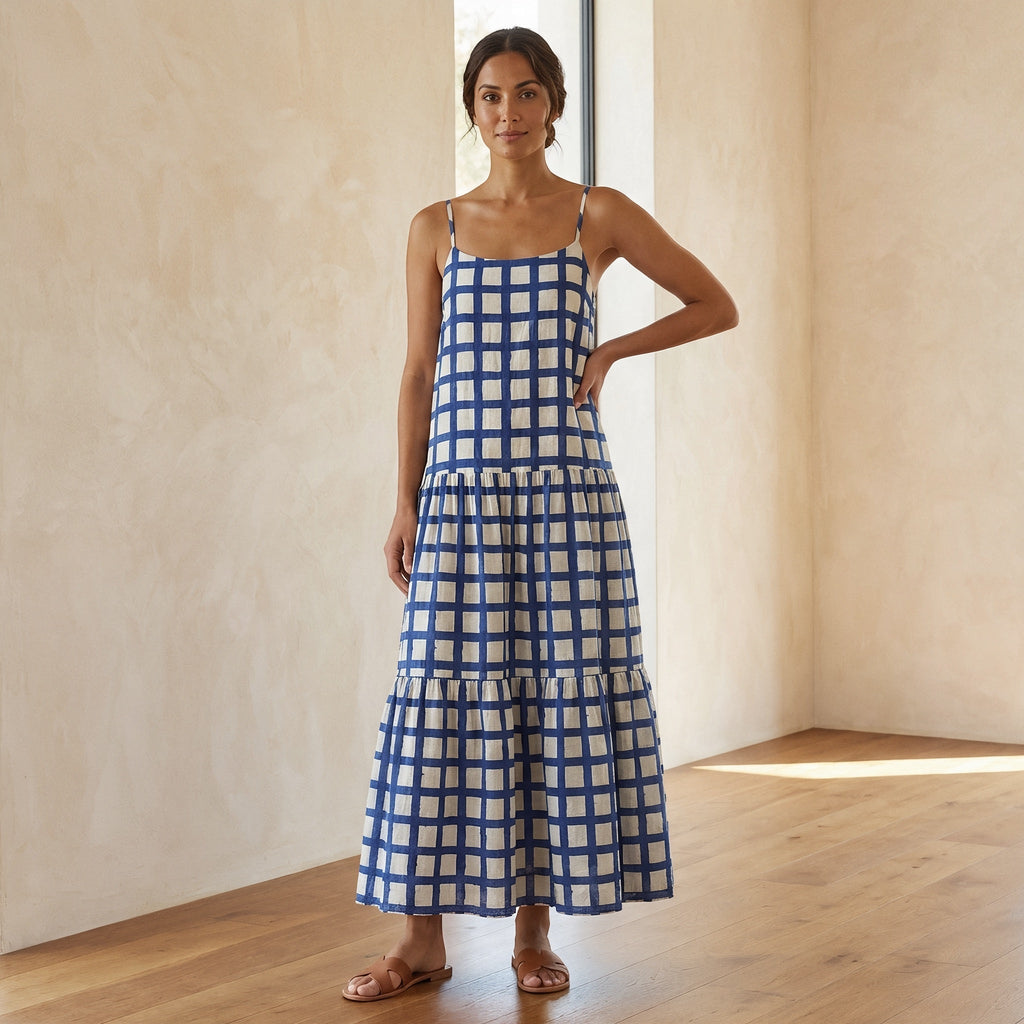 White-Blue Checks Block Print Cotton Drop-Waist Camisole Maxi Tier Dress