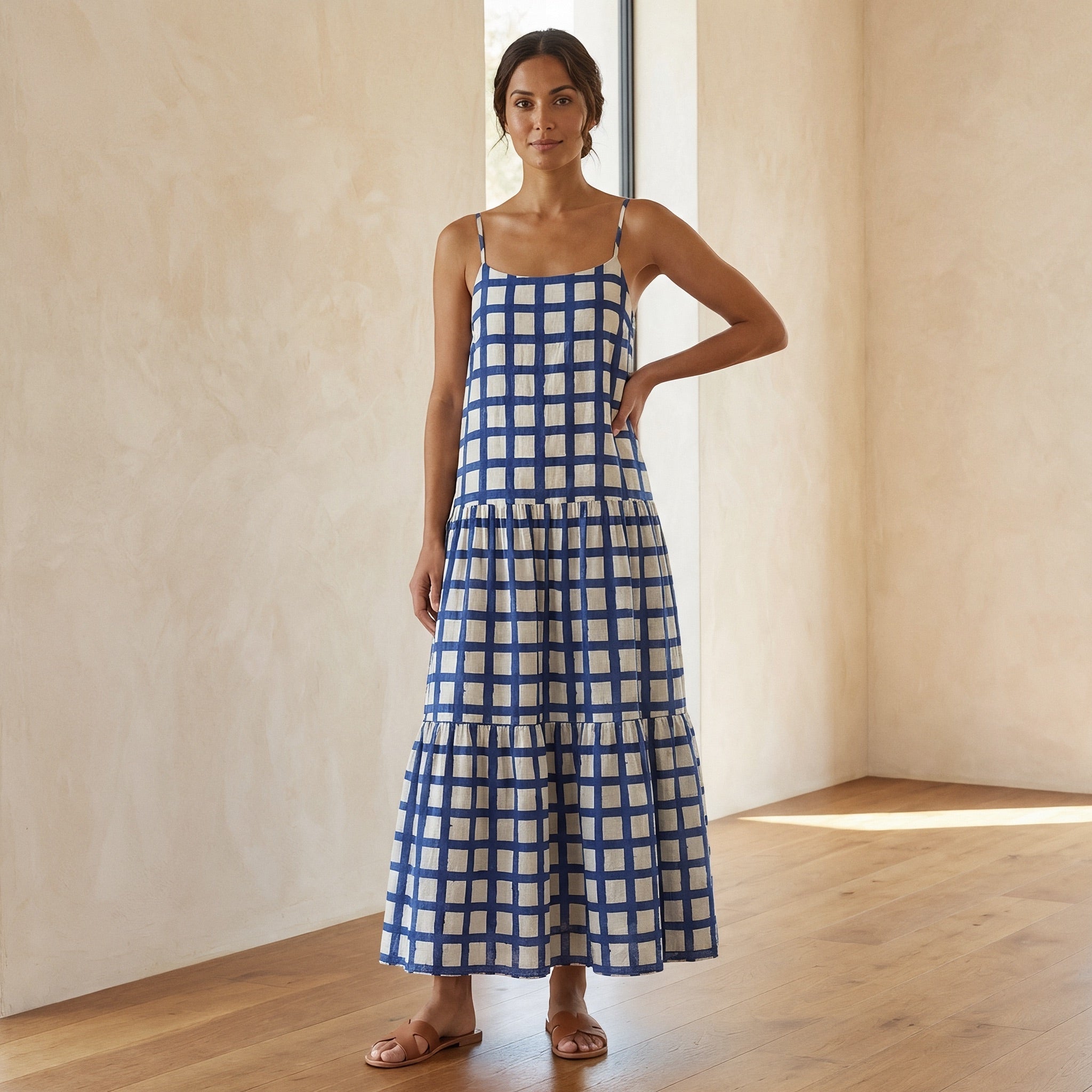 White-Blue Checks Block Print Cotton Drop-Waist Camisole Maxi Tier Dress