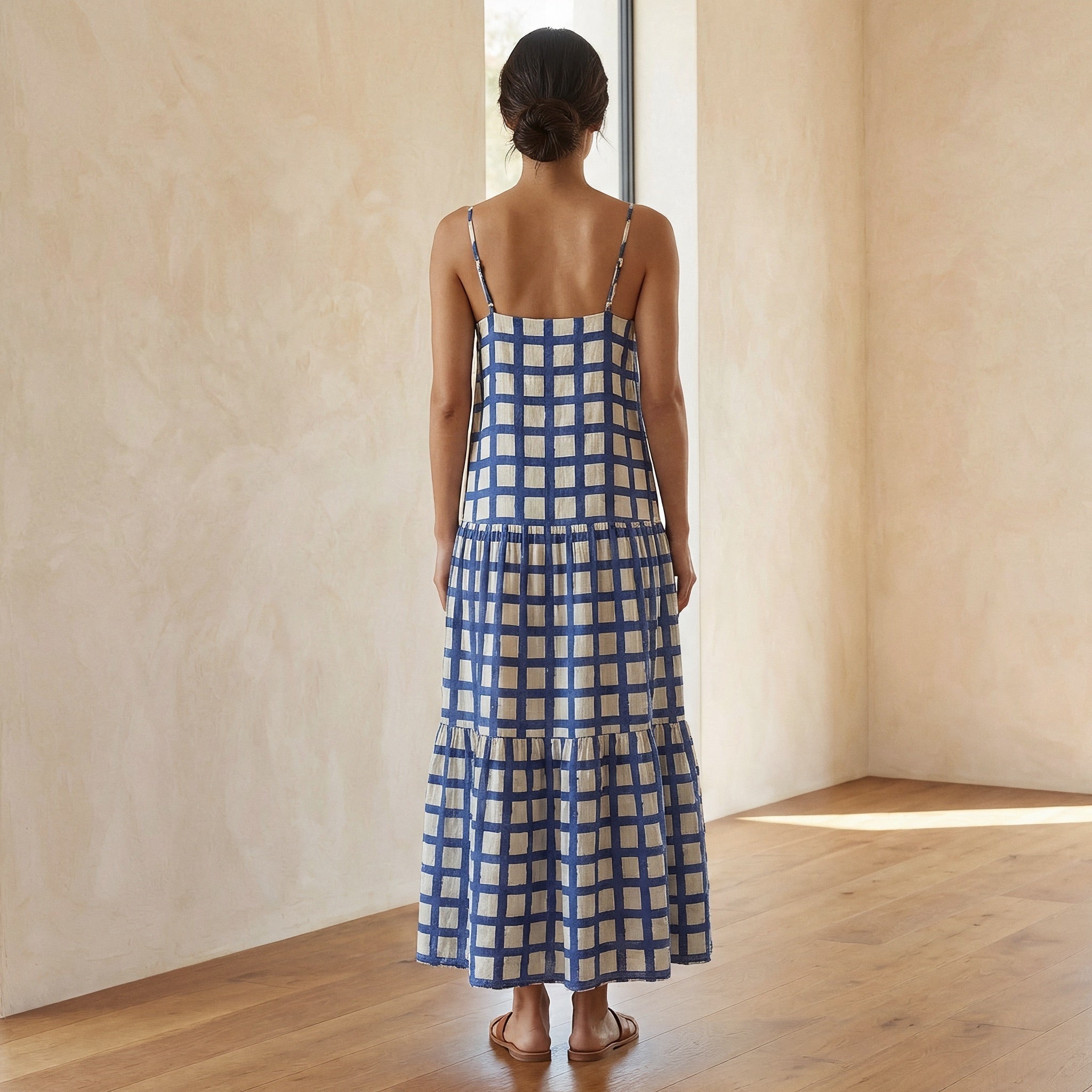 White-Blue Checks Block Print Cotton Drop-Waist Camisole Maxi Tier Dress