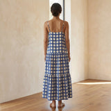 White-Blue Checks Block Print Cotton Drop-Waist Camisole Maxi Tier Dress