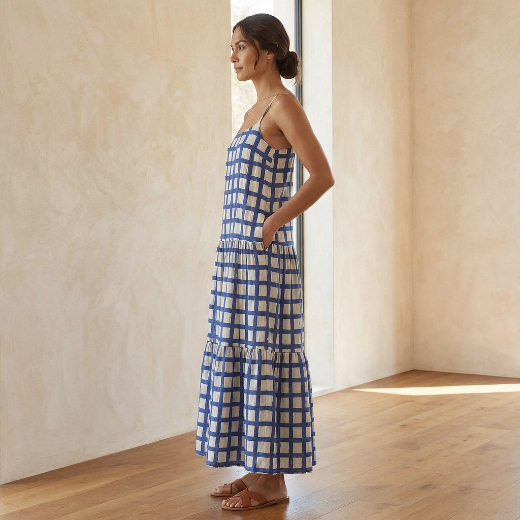 White-Blue Checks Block Print Cotton Drop-Waist Camisole Maxi Tier Dress