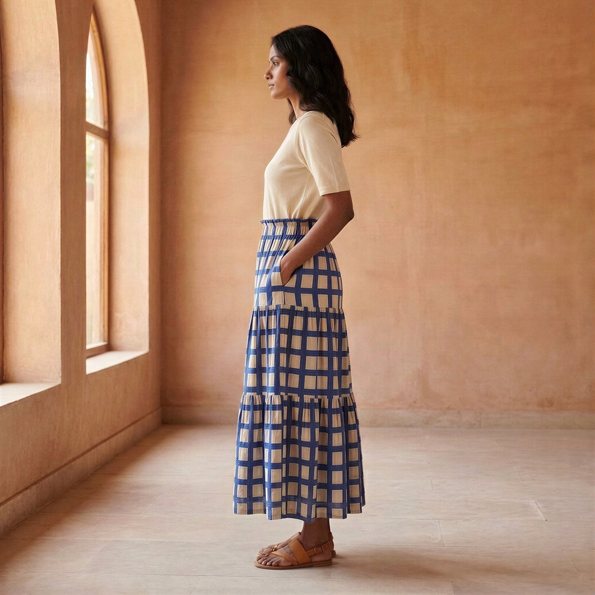 White-Blue Checks Block Print Cotton Elasticated Maxi Tier Skirt