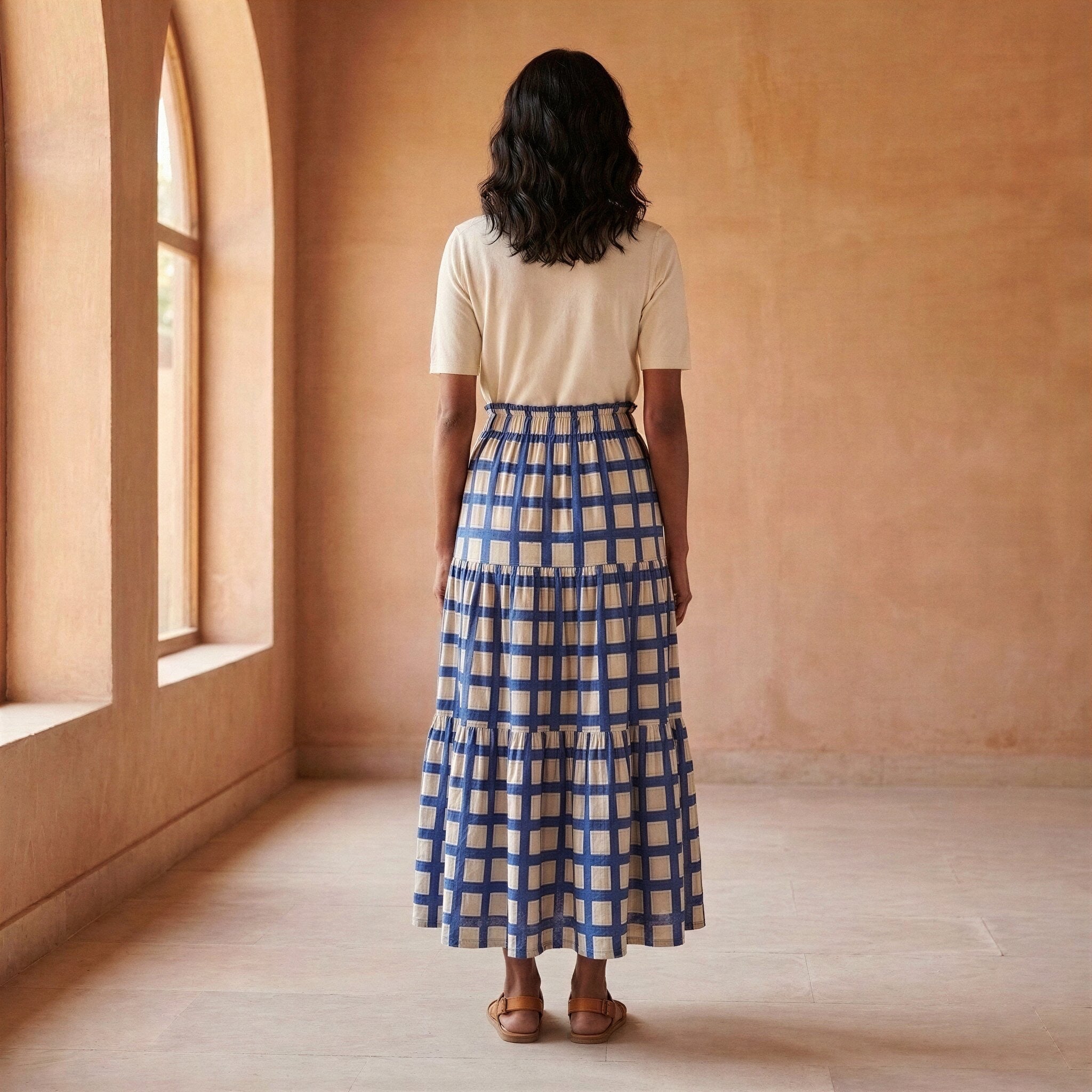 White-Blue Checks Block Print Cotton Elasticated Maxi Tier Skirt