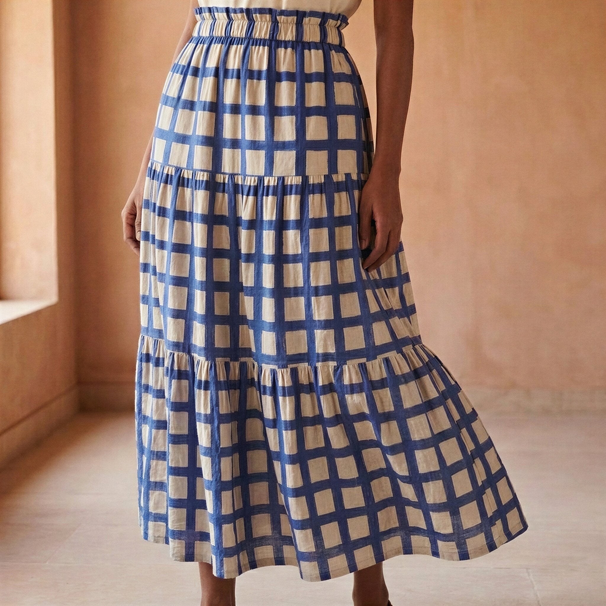 White-Blue Checks Block Print Cotton Elasticated Maxi Tier Skirt
