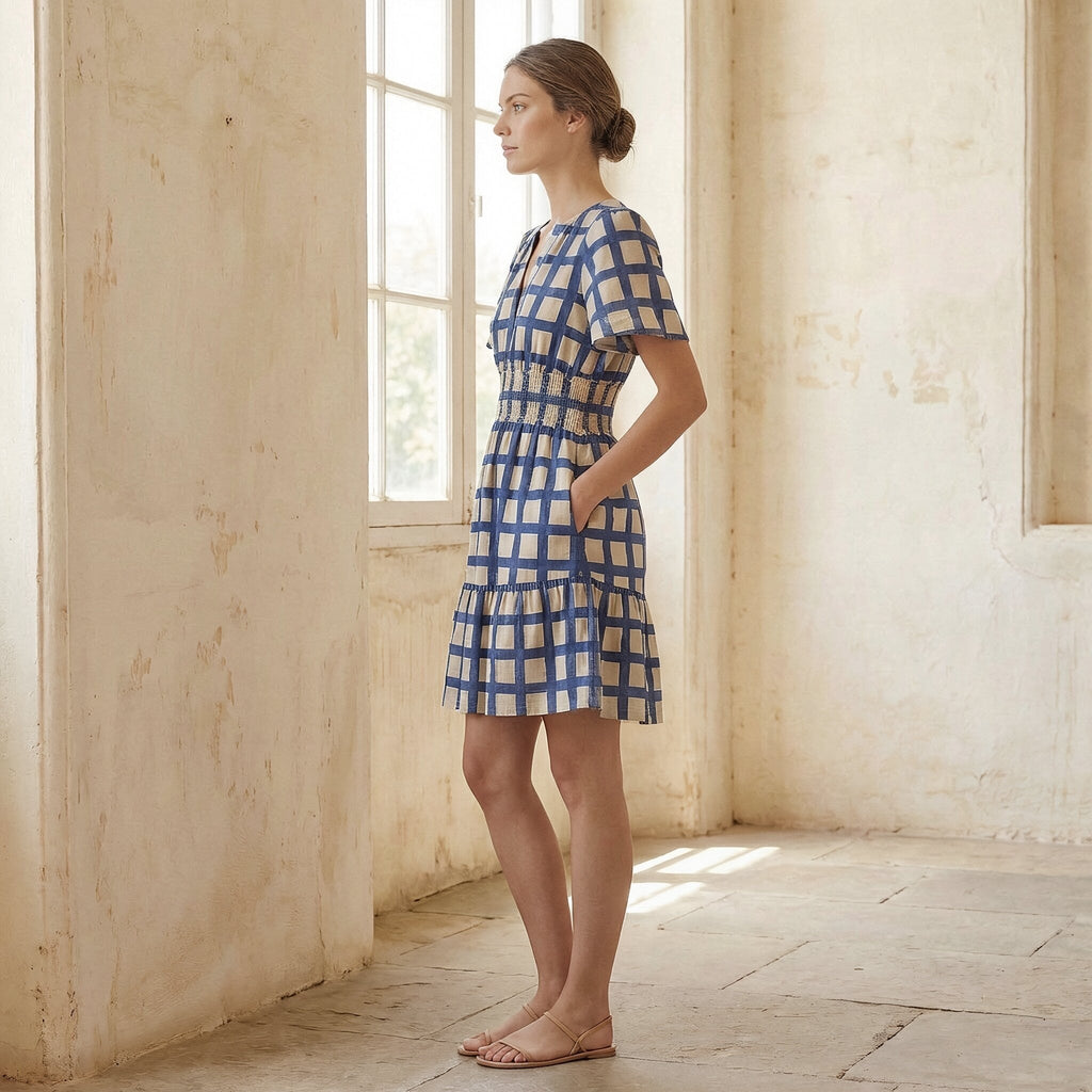 White-Blue Checks Block Print Cotton Elasticated Short Tier Dress