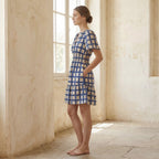 White-Blue Checks Block Print Cotton Elasticated Short Tier Dress