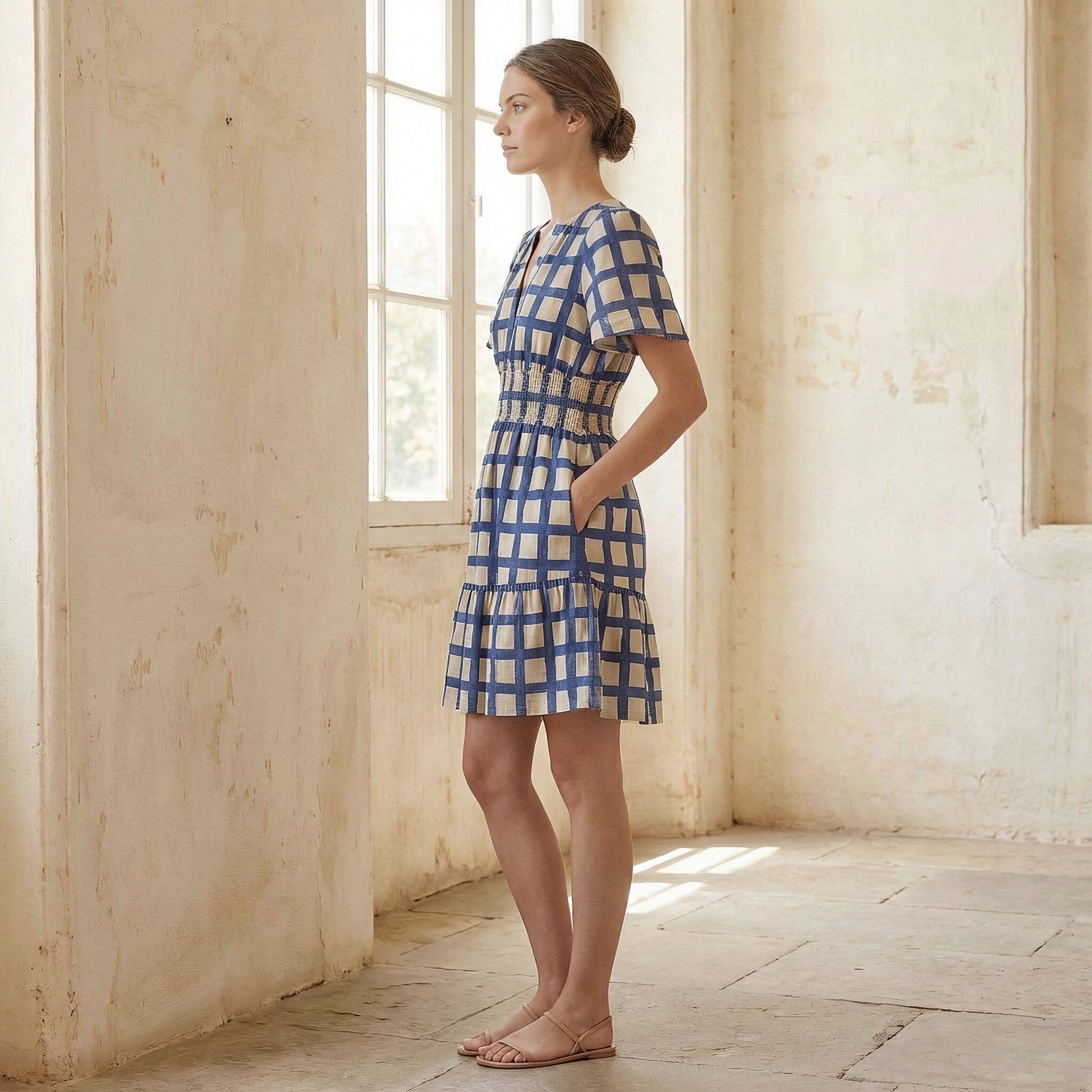White-Blue Checks Block Print Cotton Elasticated Short Tier Dress