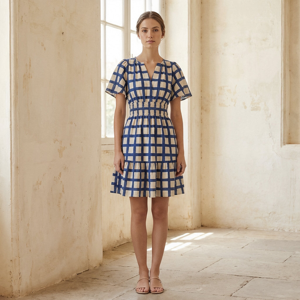 White-Blue Checks Block Print Cotton Elasticated Short Tier Dress