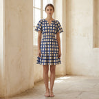 White-Blue Checks Block Print Cotton Elasticated Short Tier Dress