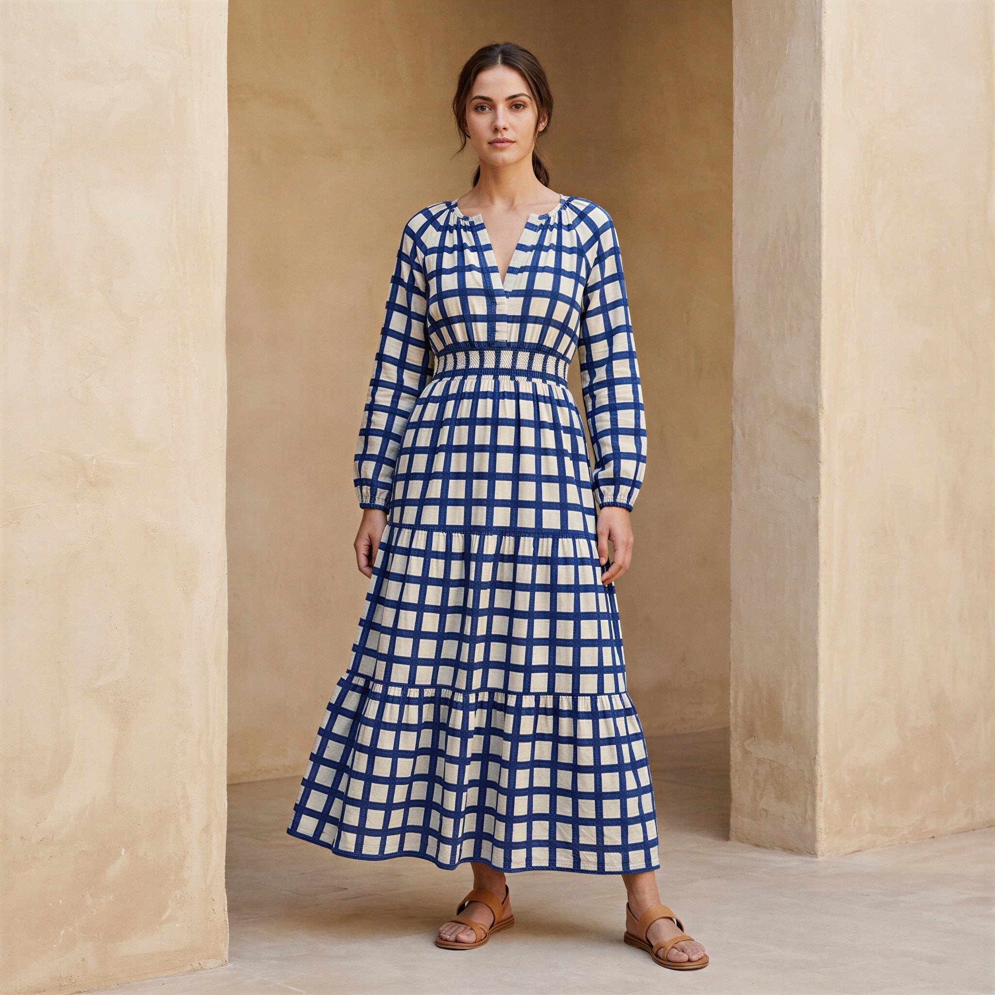 White-Blue Checks Block Print Cotton Fit and Flare Maxi Tier Dress