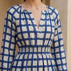 White-Blue Checks Block Print Cotton Fit and Flare Maxi Tier Dress