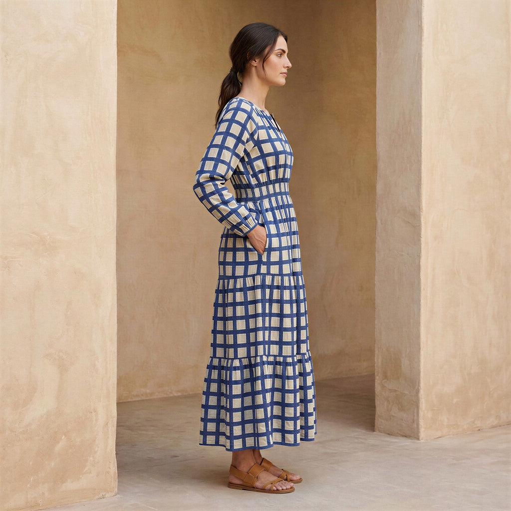White-Blue Checks Block Print Cotton Fit and Flare Maxi Tier Dress