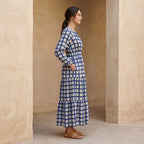 White-Blue Checks Block Print Cotton Fit and Flare Maxi Tier Dress