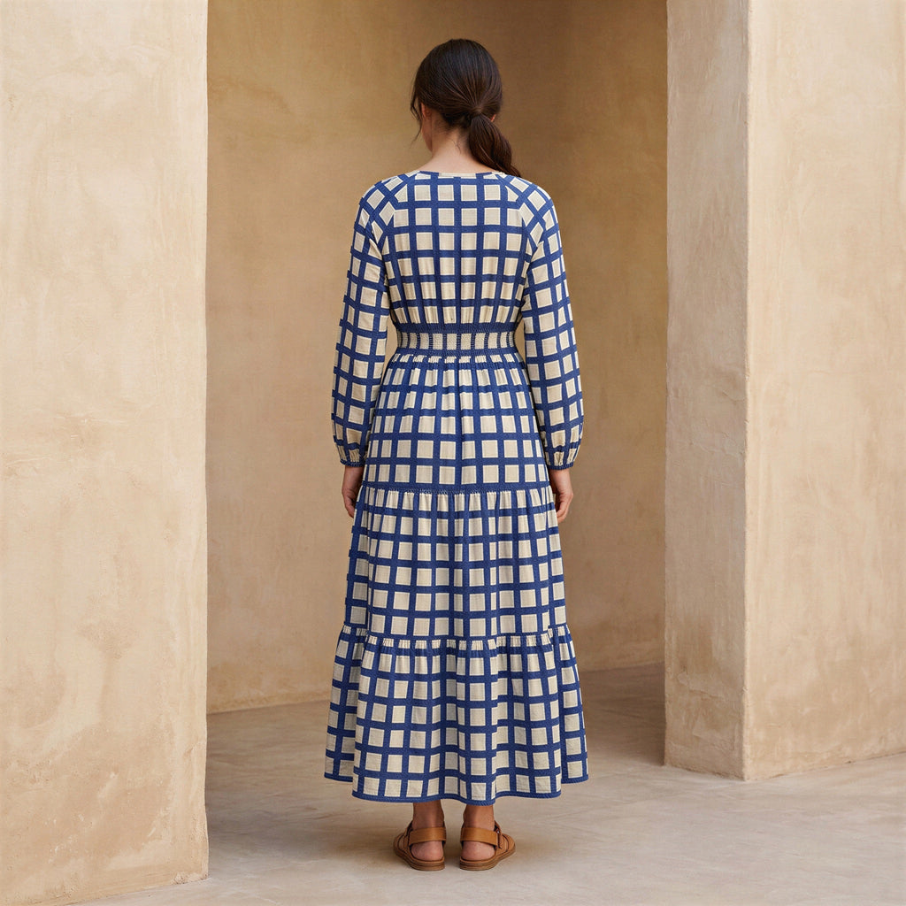 White-Blue Checks Block Print Cotton Fit and Flare Maxi Tier Dress