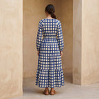 White-Blue Checks Block Print Cotton Fit and Flare Maxi Tier Dress
