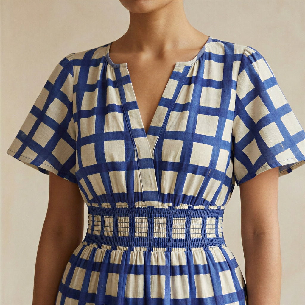 White-Blue Checks Block Print Cotton Flutter Sleeve Tie-Back Tiered Midi Dress