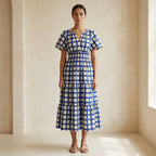 White-Blue Checks Block Print Cotton Flutter Sleeve Tie-Back Tiered Midi Dress