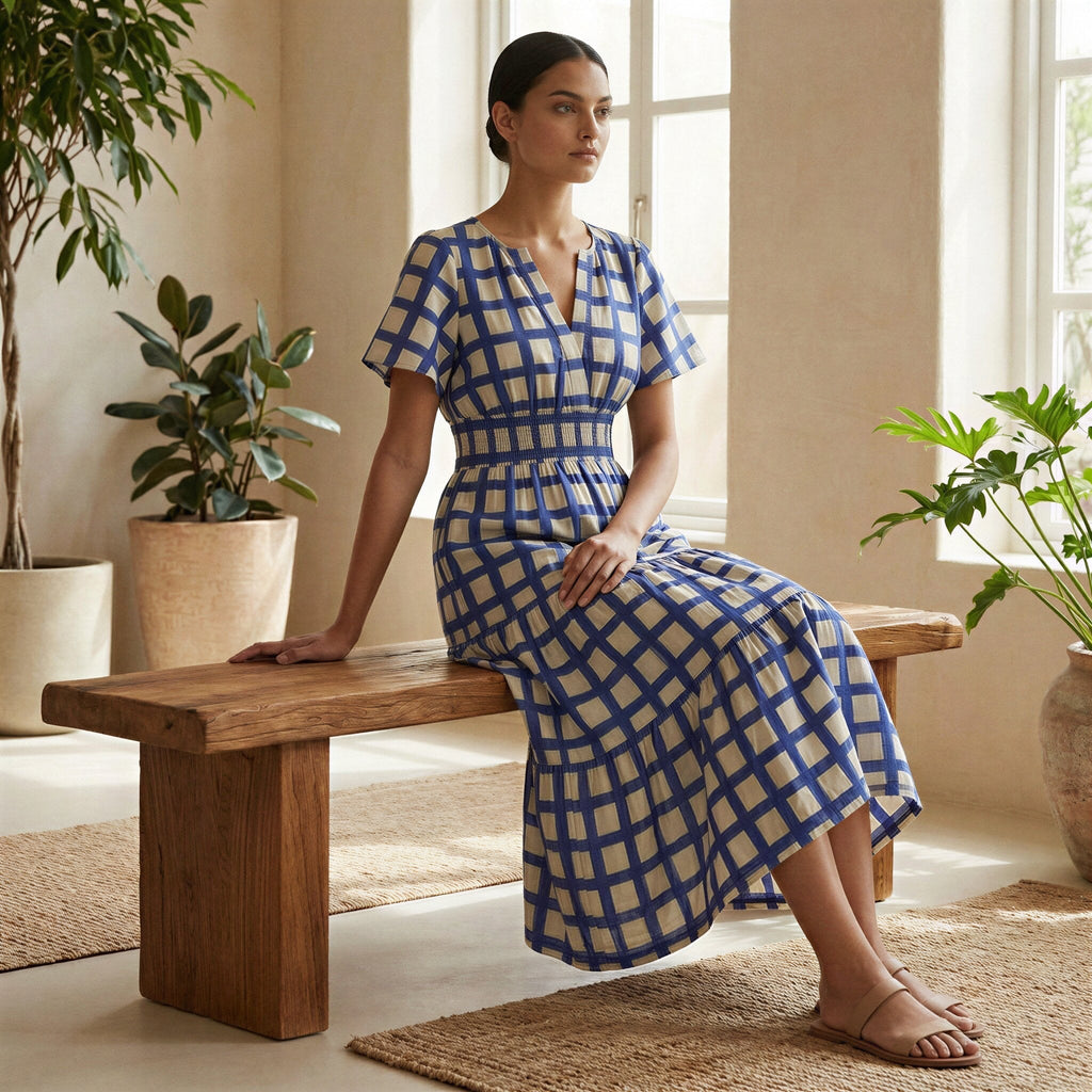White-Blue Checks Block Print Cotton Flutter Sleeve Tie-Back Tiered Midi Dress
