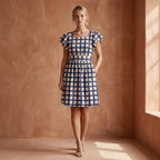White-Blue Checks Block Print Cotton Open-Back Fit and Flare Knee Length Dress