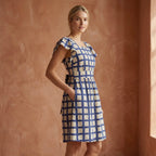 White-Blue Checks Block Print Cotton Open-Back Fit and Flare Knee Length Dress