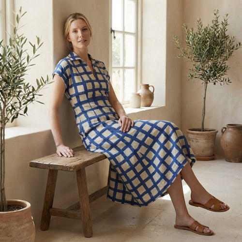 White-Blue Checks Block Print Cotton Paneled A-Line Midi Dress