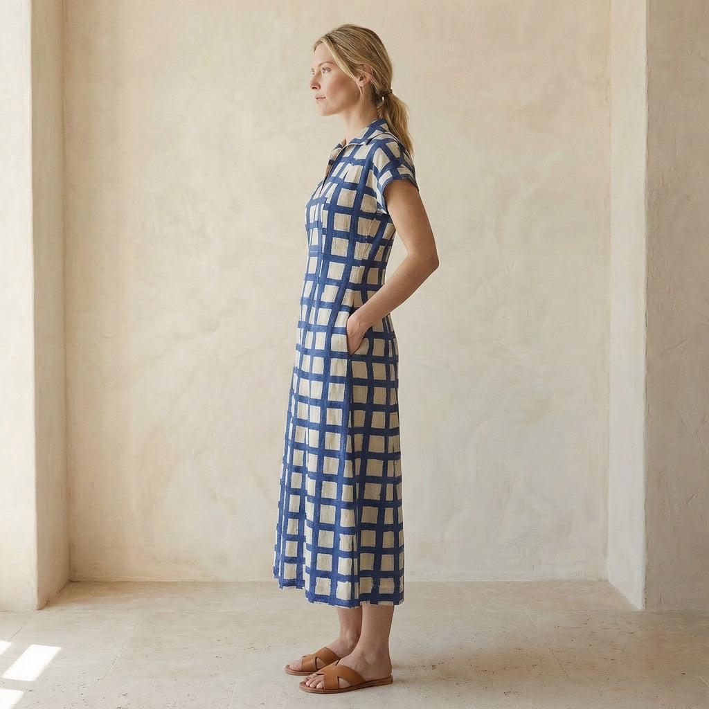 White-Blue Checks Block Print Cotton Paneled A-Line Midi Dress