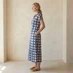 White-Blue Checks Block Print Cotton Paneled A-Line Midi Dress