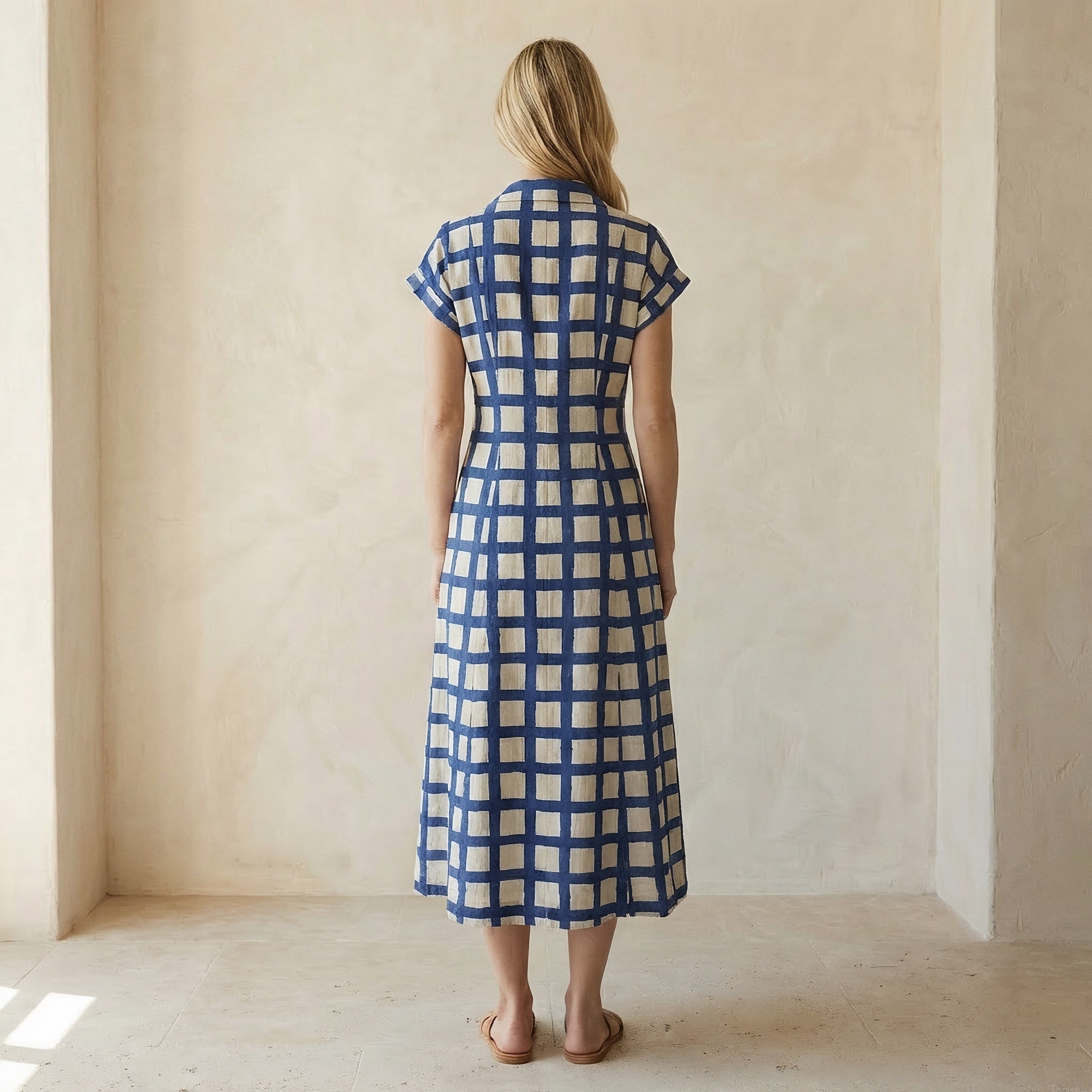 White-Blue Checks Block Print Cotton Paneled A-Line Midi Dress