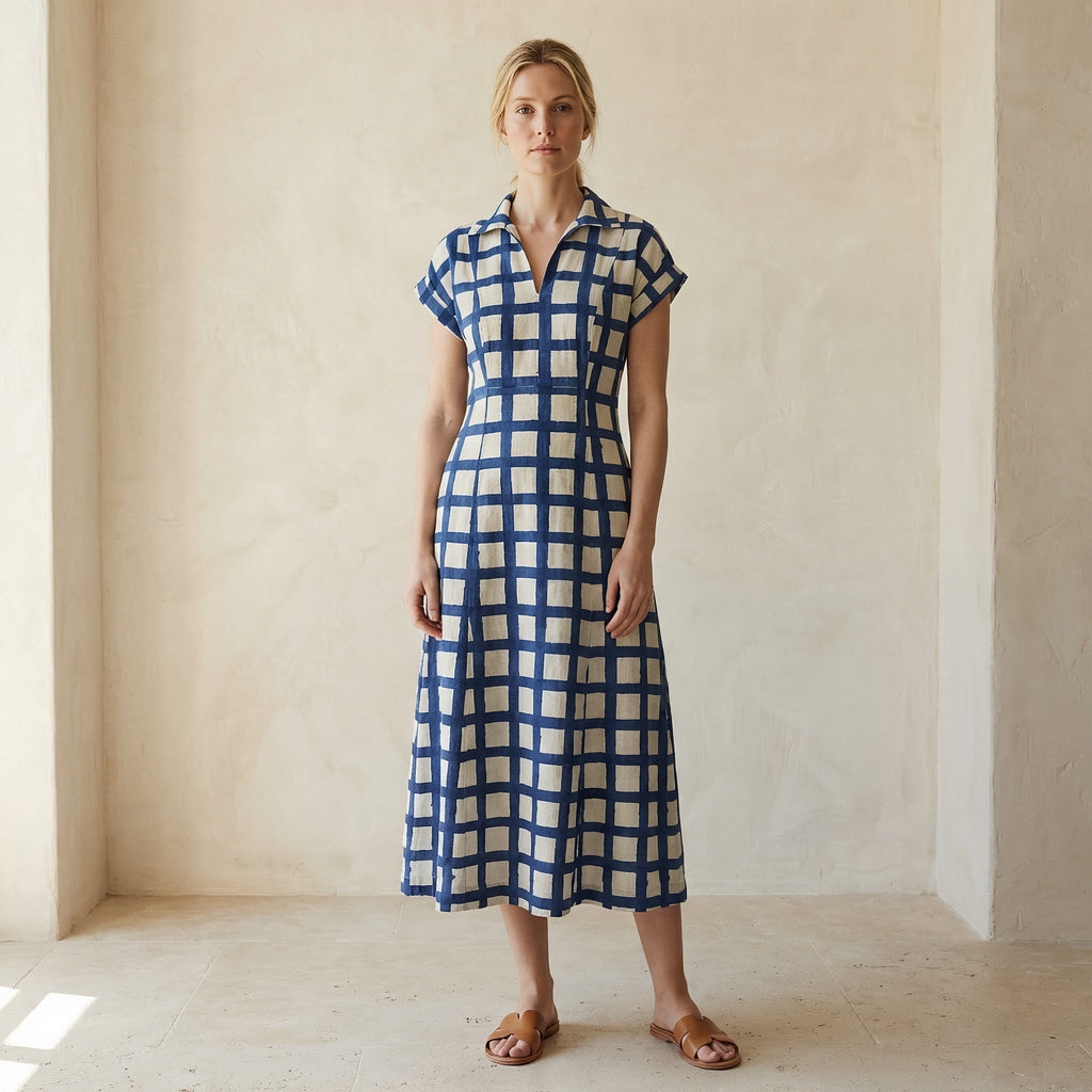 White-Blue Checks Block Print Cotton Paneled A-Line Midi Dress