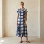 White-Blue Checks Block Print Cotton Paneled A-Line Midi Dress