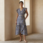 White-Blue Checks Block Print Cotton Ruffle Midi Wrap Dress