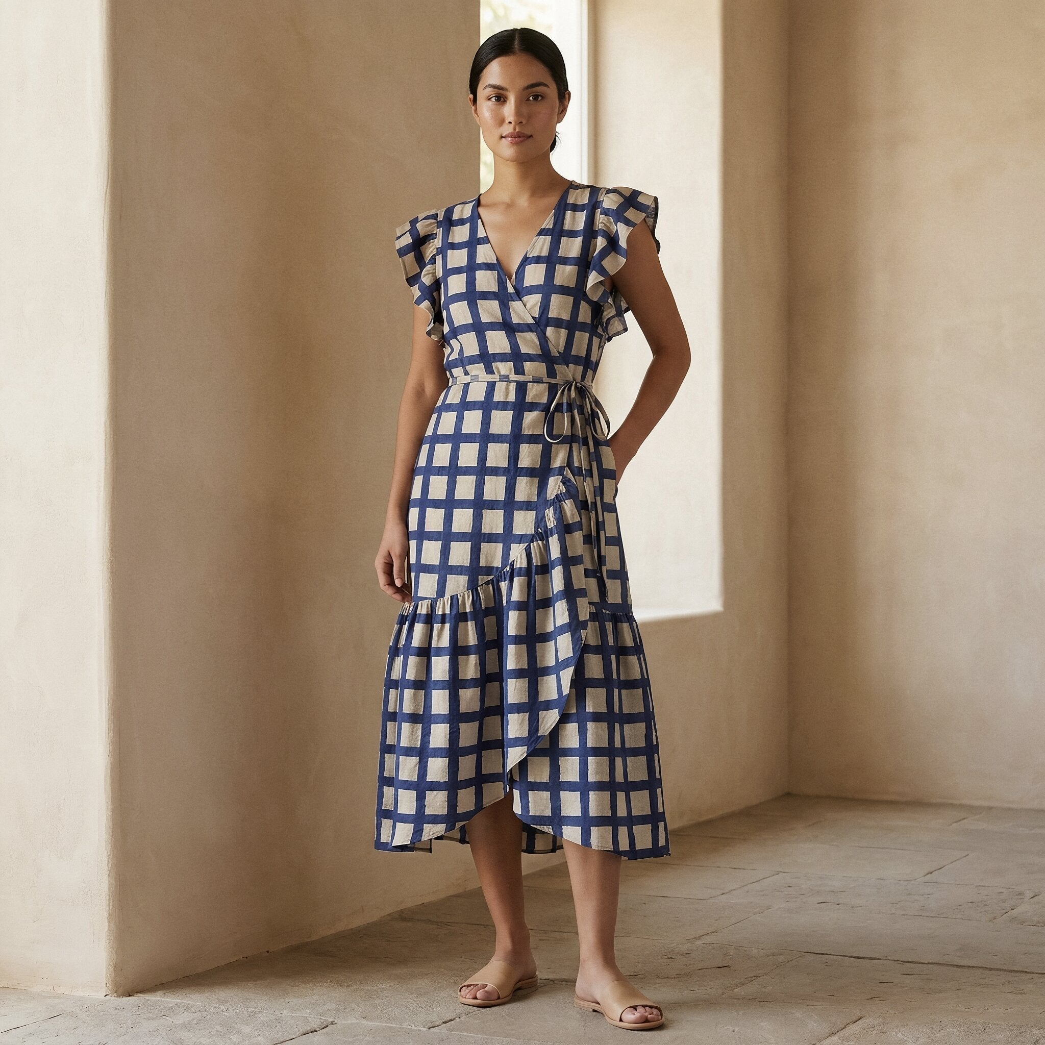 White-Blue Checks Block Print Cotton Ruffle Midi Wrap Dress